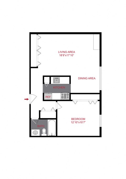 Floor plan for 1 bed, 1 bath, 690 sqft